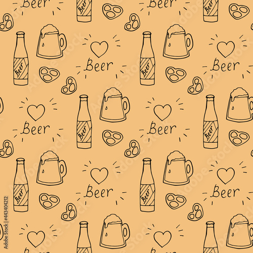 Seamless pattern with beer mugs and bottle on light orange background. Vector image.