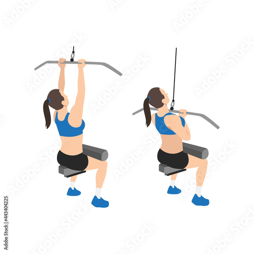 Woman doing Close grip lat pulldowns. pullovers exercise. Flat vector illustration isolated on white background