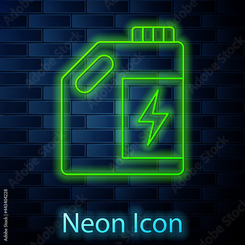 Glowing neon line Eco fuel canister icon isolated on brick wall background. Eco bio and barrel. Green environment and recycle. Vector