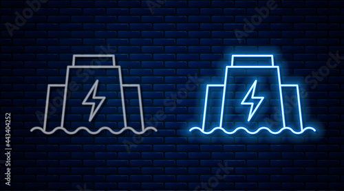 Glowing neon line Hydroelectric dam icon isolated on brick wall background. Water energy plant. Hydropower. Hydroelectricity. Vector