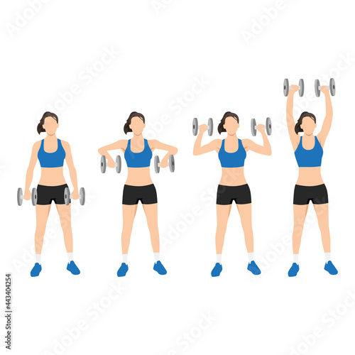 Woman doing Dumbbell cuban press exercise. Flat vector illustration isolated on white background