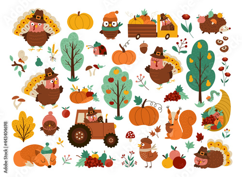 Vector Thanksgiving elements set. Autumn icons collection with funny turkey, animals, harvest, cornucopia, pumpkins, trees. Fall holiday pack with car, tractor, fruit, vegetables