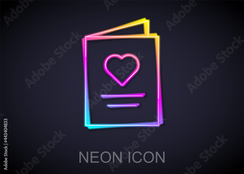 Glowing neon line Postcard with heart icon isolated on black background. Message love. Letter love and romance. Vector