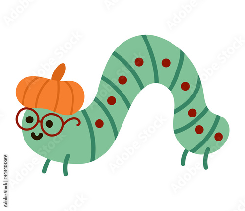 Vector hand drawn flat crawling green caterpillar in pumpkin hat and glasses. Funny woodland insect icon. Cute book worm illustration. Autumn or Thanksgiving Day bug