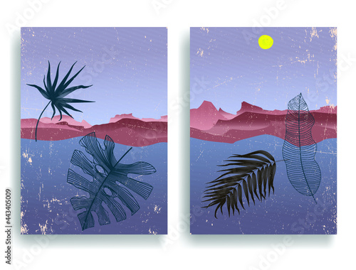 Poster with seaside landscape, ocean, tropical leaves and sunset in boho style  .Minimal design with grunge elements . Trendy brochure . Vector illustration .