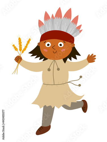 Vector Indian man isolated on white background. Thanksgiving Day character. Autumn icon with first American people. Cute fall holiday native illustration.