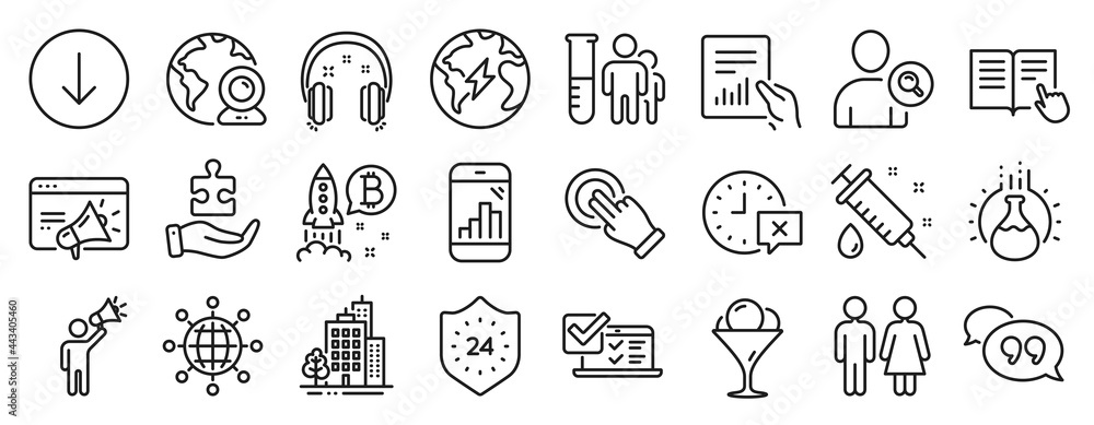 Set of Business icons, such as Medical analyzes, Scroll down, Time icons. Puzzle, Medical syringe, Read instruction signs. Headphones, Bitcoin project, Video conference. Quote bubble. Vector Set of Business icons, such as Medical analyzes, Scroll down, Time icons. Puzzle, Medical syringe, Read instruction signs. Headphones, Bitcoin project, Video conference. Quote bubble. Vector