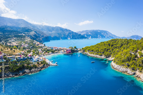 Aerial panoramic view of Assos village of Cefalonia island, Greece. Travel summer vocation concept