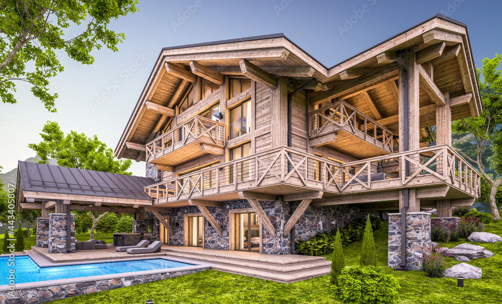 3d rendering of modern cozy chalet with pool and parking for sale or rent. Massive timber beams columns. Beautiful forest mountains on background. Clear summer evening with cozy light from window 3d rendering of modern cozy chalet with pool and parking for sale or rent. Massive timber beams columns. Beautiful forest mountains on background. Clear summer evening with cozy light from window
