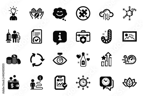 Vector Set of Business icons related to Cloud sync, Love champagne and World time icons. Speedometer, Organic tested and No puzzle signs. Coffee, Candy and Education. Approved document. Vector