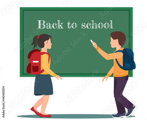 Schoolboy and schoolgirl standing at the blackboard, back to school concept, education concept, flat vector illustration