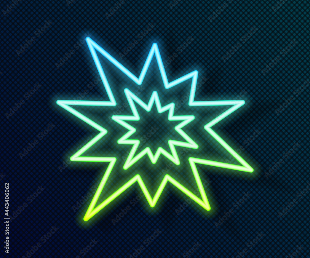 Glowing neon line Bomb explosion with shrapnel and fireball icon isolated on black background. Vector Glowing neon line Bomb explosion with shrapnel and fireball icon isolated on black background. Vector