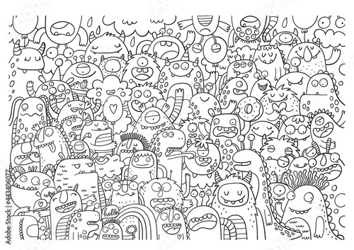 Funny big coloring poster in doodle style. Big coloring page with monster photo