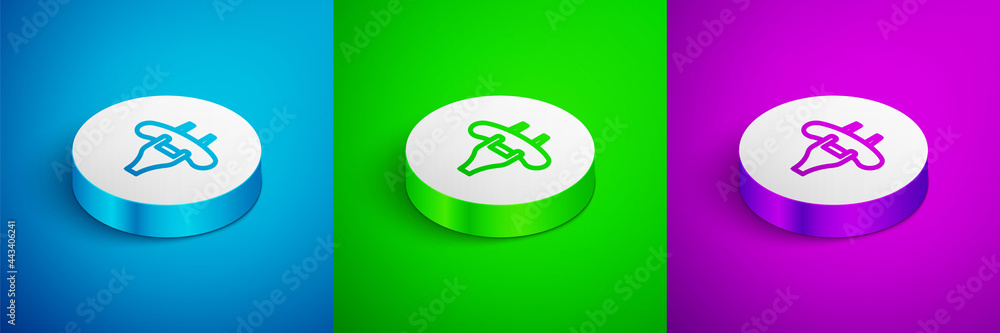 Isometric line Sausage on the fork icon isolated on blue, green and purple background. Grilled sausage and aroma sign. White circle button. Vector Isometric line Sausage on the fork icon isolated on blue, green and purple background. Grilled sausage and aroma sign. White circle button. Vector