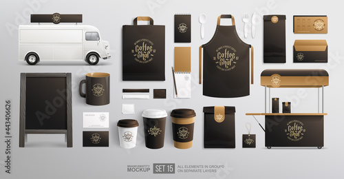 Black Coffee brand identity on package mockup set with retro food truck . Realistic MockUp set of delivery truck, uniform, paper cup, shopping bag. Fast food and beverage package design
