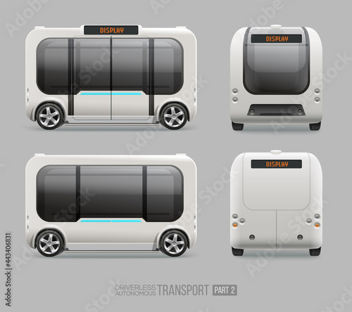 Concept of futuristic Self driving mini bus Driverless Autonomous van vector template. Electric shuttle bus mockup. Autonomous passenger transport vehicle side and front view. Future autonomous bus