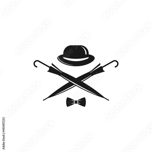 Bowler hat, bow tie and crossed cane umbrellas. Vintage gentleman club logo.