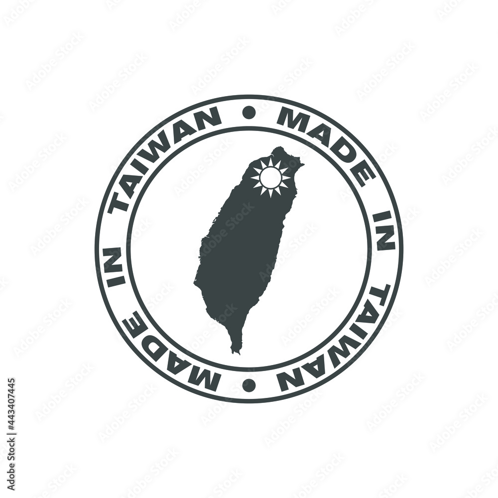 Label made in Taiwan. Print with map of Taiwan and made in Taiwan text. Logo Taiwanese quality