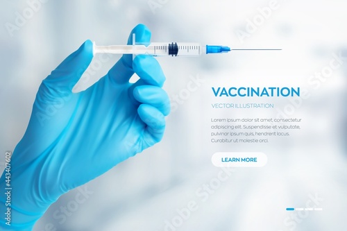 Hand in medical blue glove holding syringe with vaccine. Vaccination or medicare concept. Injection syringe with sharp needle in hand. COVID-19 coronavirus vaccine. Vector realistic illustration.