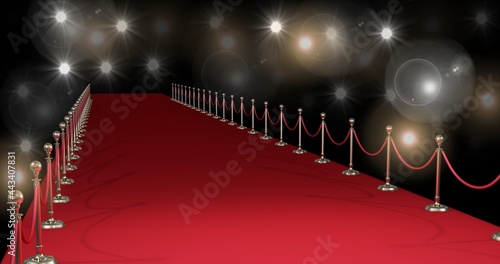 Composition of red carpet at fashion show, on black background