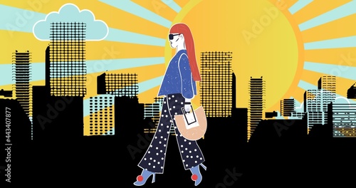 Composition of fashion drawing of model in city on yellow background