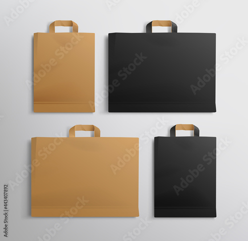 Eco Shopping Bag blank Mockup set for branding and corporate identity design. Vertical black and horizontal eco Shopping bag Mockup. Paper package template isolated on grey. Vector illustration