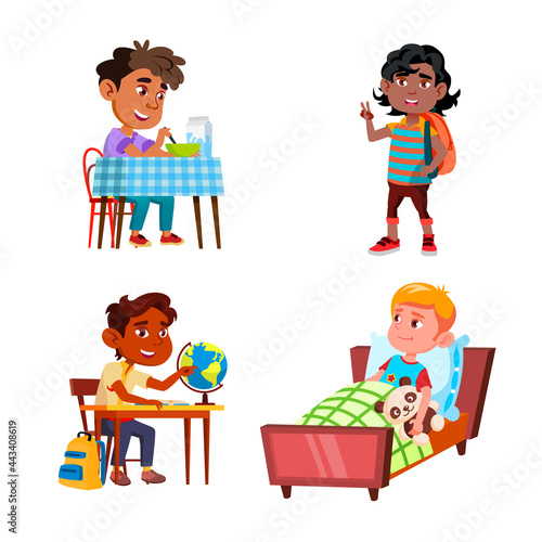 Boys Kids Doing Daily Routine Activity Set Vector. Preteen Schoolboy Waking Up And Eating Breakfast, Going To School And Studying On Lesson, Daily Routine. Characters Flat Cartoon Illustrations