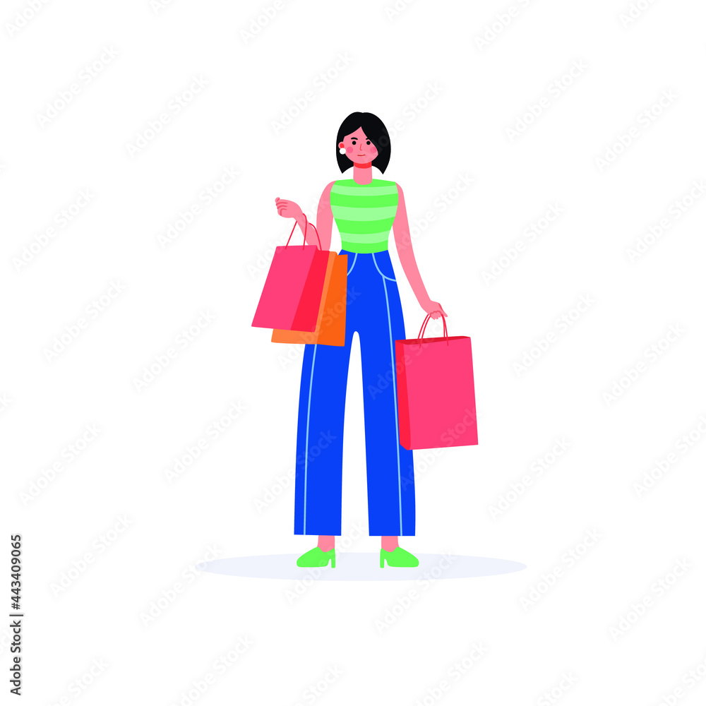 Young beautiful girl in fashionable clothes while shopping. Fashion trendy vector illustration.