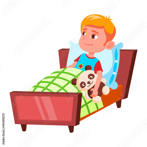 Boy Child Preparing For Sleep In Bedroom Vector. Caucasian Little Schoolboy Laying In Bed With Teddy Bear And Ready For Sleeping In Bedroom. Character Leisure Time Flat Cartoon Illustration