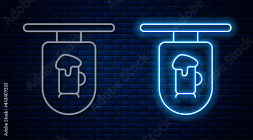 Glowing neon line Street signboard with inscription Bar icon isolated on brick wall background. Suitable for advertisements bar, cafe, restaurant. Vector
