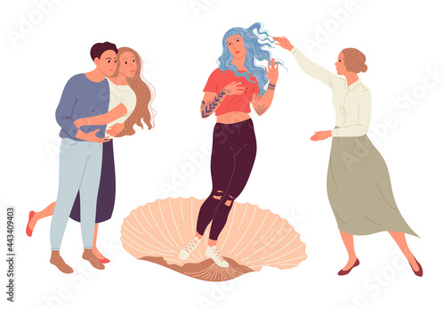 People admire the style and beauty of the girl. Illustration based on Botticelli The birth of Venus