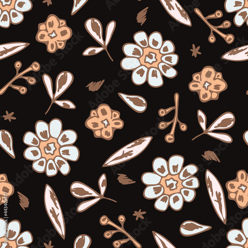 Seamless vector pattern with vintage floral bloom on black background. Hand drawn flower sketch wallpaper design. Decorative romantic fashion textile.