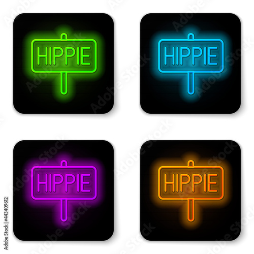 Glowing neon line Peace icon isolated on white background. Hippie symbol of peace. Black square button. Vector