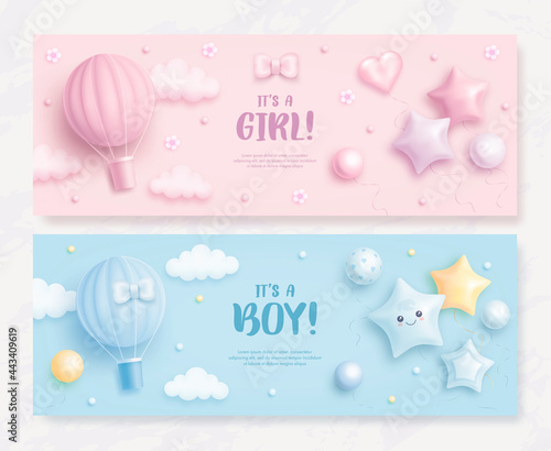 Set of baby shower invitation with cartoon hot air balloon, helium balloons and clouds on blue and pink background. It's a boy. It's a girl. Vector illustration