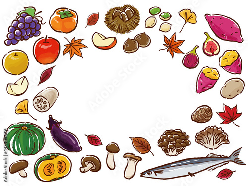 Japanese Autumn Food Watercolor Vector Art 手描き風の秋の食べものフレーム