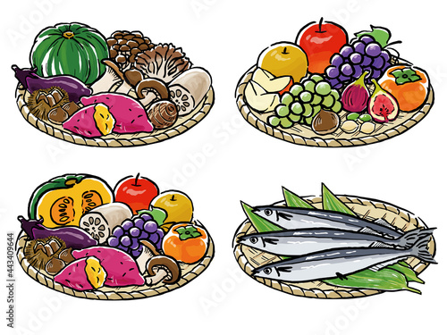 Japanese Autumn Food Watercolor Vector Art 手描き風　カゴに盛られた秋の食べ物セット