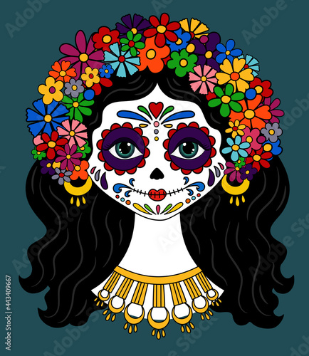 Catrina  Dia de los muertos. Day of the dead  and Halloween. Mexican tradition, festival. Day of the dead  Woman make up of sugar skull. Calavera Catrina isolated. Dia de los Muertos background.