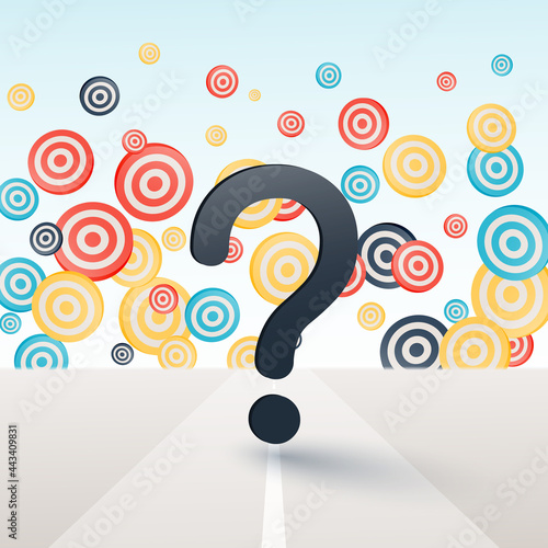 A question mark on the background of targets. The concept of choosing the right goal. Vector illustration.