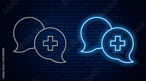 Glowing neon line Dialogue with the doctor icon isolated on brick wall background. Doctor and patient dialog. Consulting about medical health services. Vector