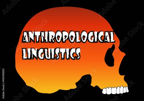 Silueta naranja de cráneo humano con el texto de antropología lingüística sobre fondo negro