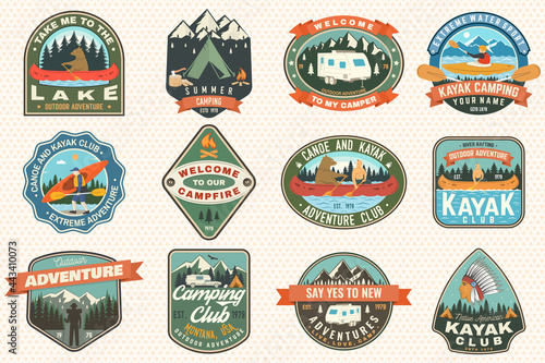 Set of Summer camping badges, patches. Vector Concept for shirt or logo, print, stamp, patch or tee. Design with tent, mountain, camping trailer, campfire, bear, canoe , kayak and forest silhouette