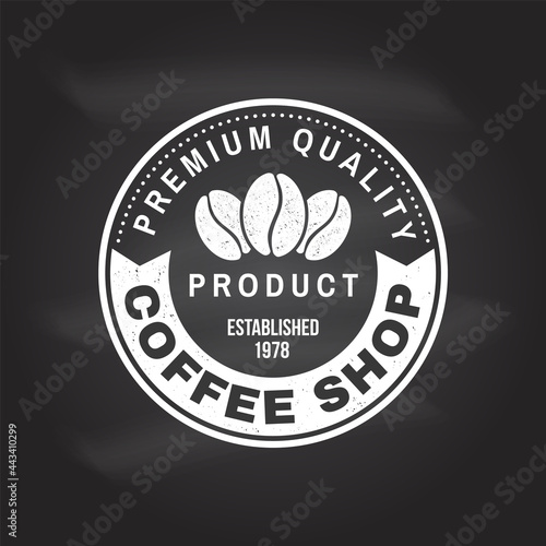 Coffe shop logo, badge template on the chalkboard. Vector. Typography design with coffee bean silhouette. Template for menu for restaurant, cafe, bar, packaging