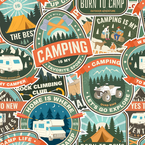 Summer camp colorful seamless pattern with rv trailer, camping tent, campfire, bear,camping tent and inspirational quotes. Vector. Background, wallpaper, seamless pattern with patches