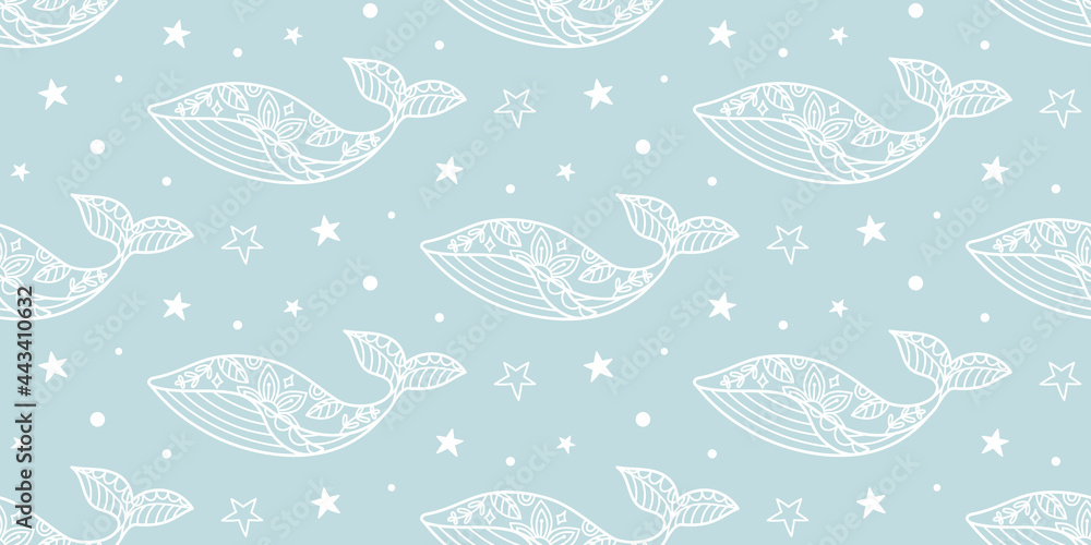 Naklejka premium Whales swimming in blue sky