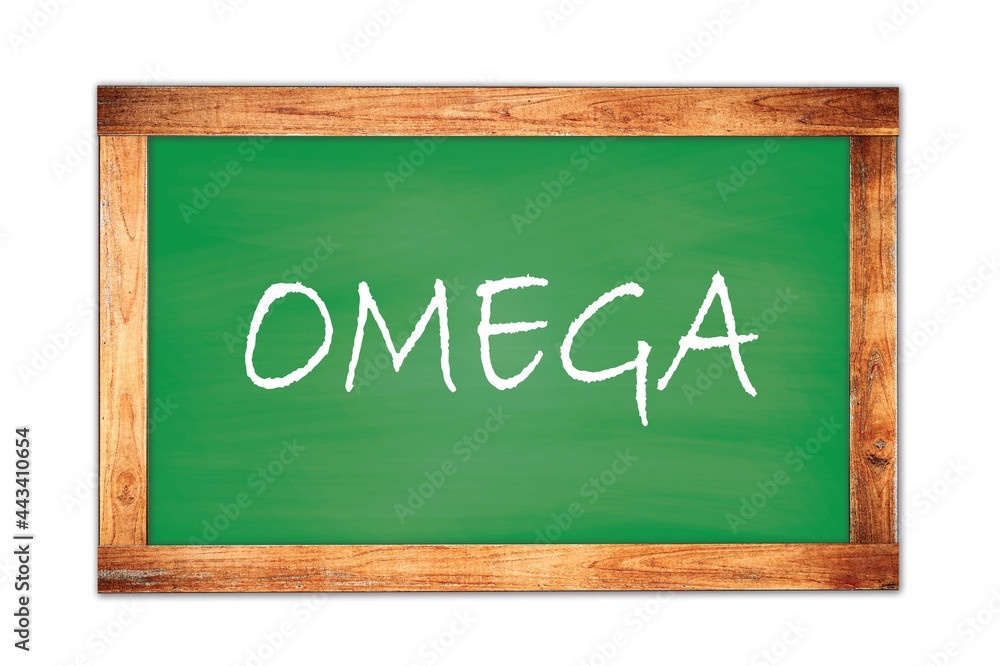 OMEGA text written on green school board. OMEGA text written on green school board.