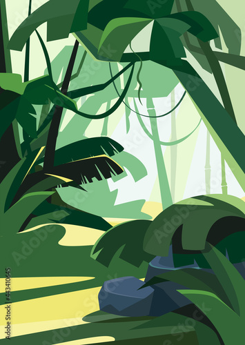 Tropical forest at dawn. Natural scenery in vertical orientation.