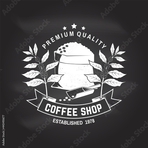 Coffe shop logo, badge on the chalkboard. Vector . Typography design with bag with coffee beans and branch of coffee tree silhouette. Template for menu for restaurant, cafe, bar, packaging