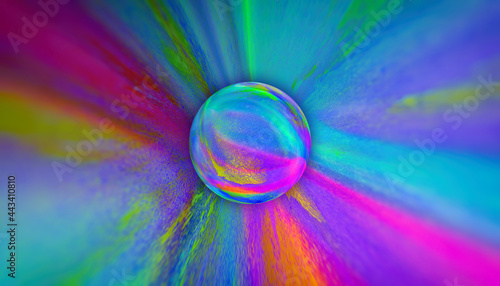 grungy colored textured in pink violet yellow blue green with reflective ball sphere in the middle