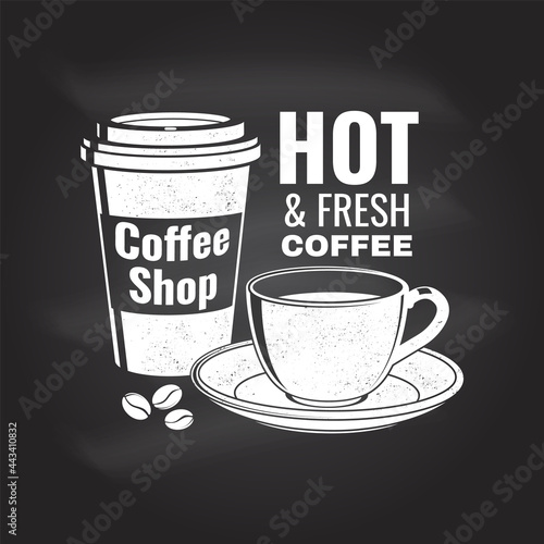 Coffe shop logo, badge template on the chalkboard. Vector. Typography design with coffee cup silhouette. Template for menu for restaurant, cafe, bar, packaging