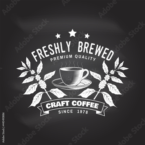 Coffe shop logo, badge template on the chalkboard. Vector. Typography design with coffee cup and branch of coffee tree silhouette. Template for menu for restaurant, cafe, bar, packaging